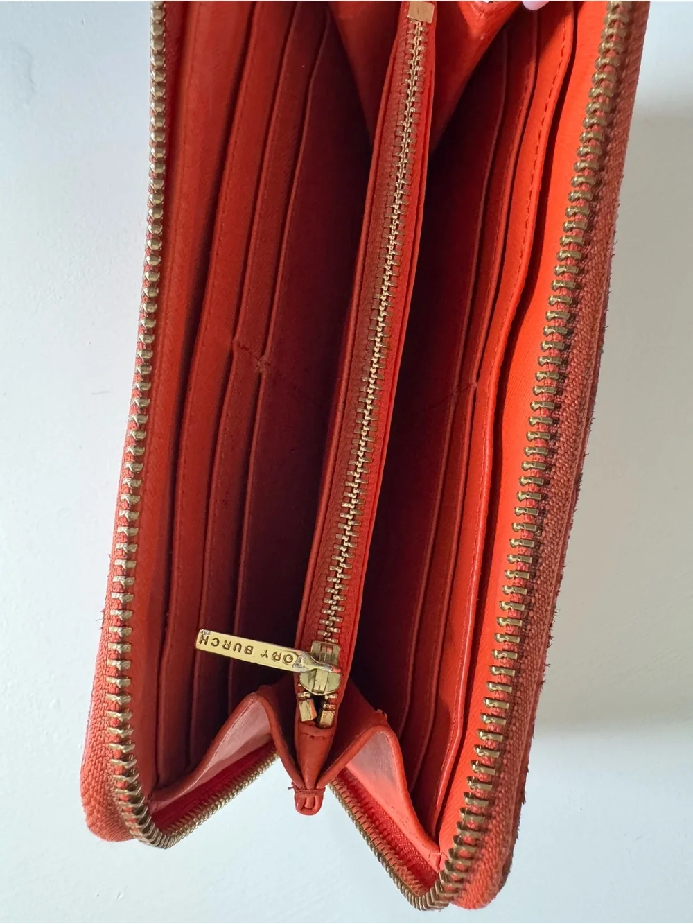 Tory Burch Coral-Orange Zip Wallet with Gold Logo